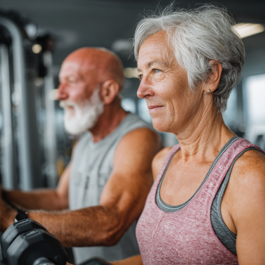 Група літніх людей займається йогою та фітнесом